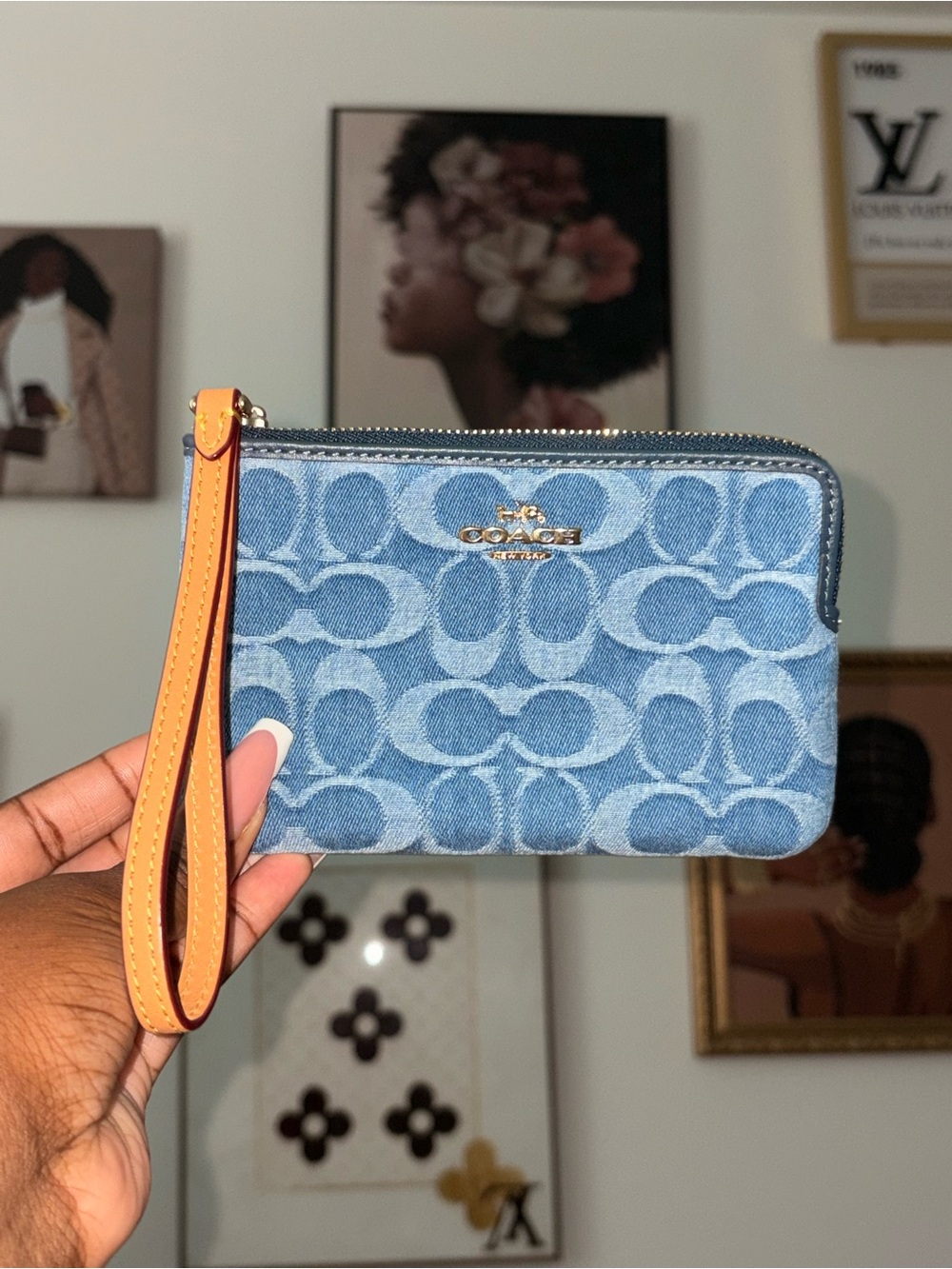 Coach Blue Denim Logo Wristlet with Tan Strap